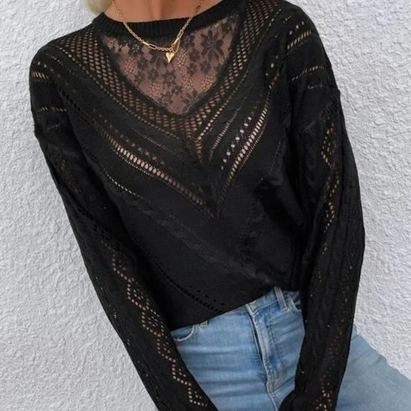 Lace Detailed Long sleeve Knit Sweater  Top Black - Picture 4 of 6